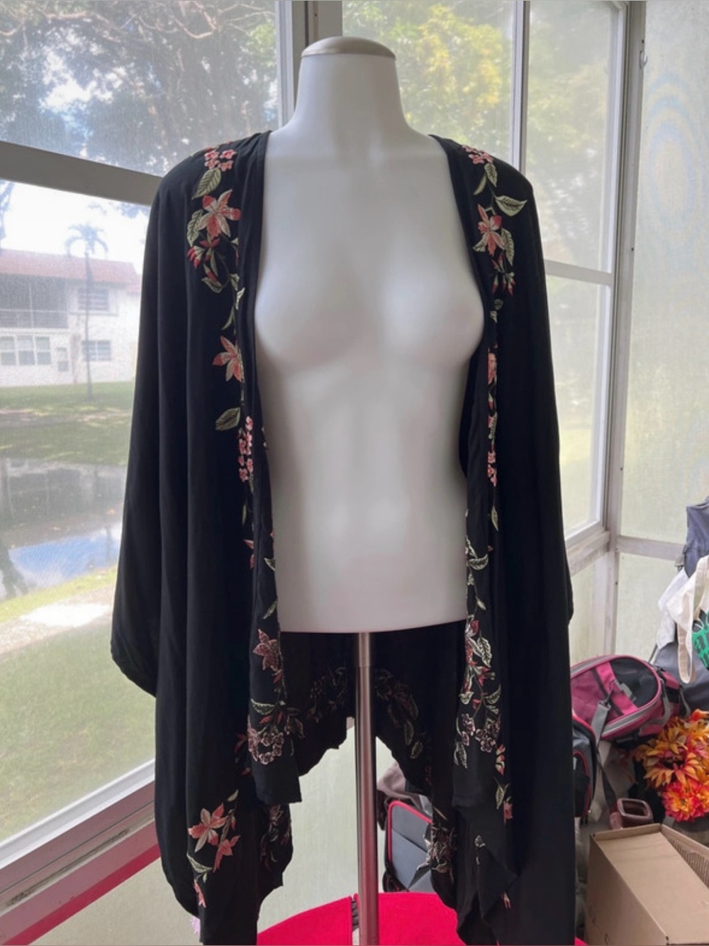Tommy Bahama Black Floral Embroidered Open Front Cardigan